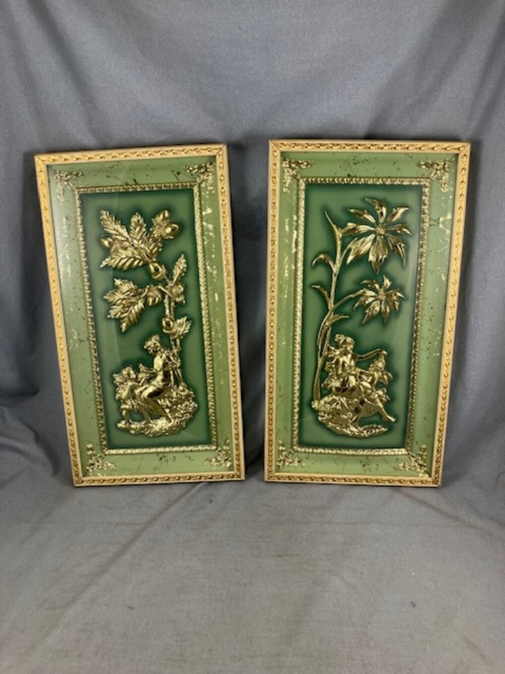 Vtg Pair Metallic Gold color Plaques Raised Ornate Embellished Goddess Cherub